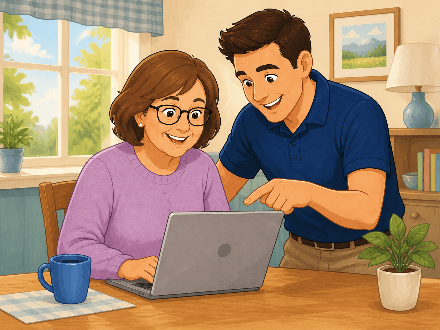 A senior smiling as a patient tech helper shows her something on a laptop at her kitchen table